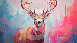 Colorful Low Poly Deer Painting With Illusory Wallpaper Portraits