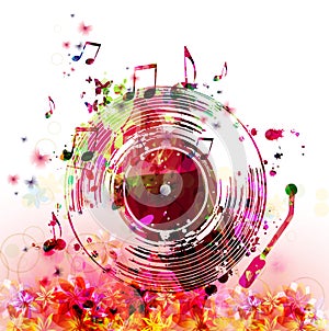 Colorful LP vinyl record disc with musical notes and flowers for concert events, music festivals and shows, party flyers, invitati