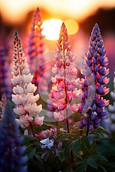 Colorful lupines in the garden, beautiful golden hour lighting