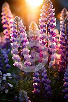 Colorful lupines in the garden, beautiful golden hour lighting