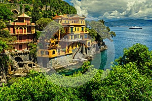 Colorful luxury homes near Portofino resort, Liguria, Italy, Europe