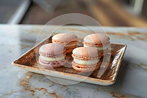 Colorful macaron cookies displayed on square plate stand attractively