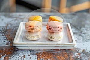 Colorful macaron cookies displayed on square plate stand attractively