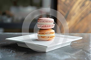 Colorful macaron cookies displayed on square plate stand attractively