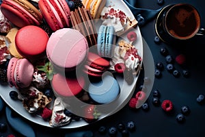 colorful macarons and berries on a plate with a cup of coffee