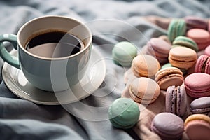 Colorful macarons and cup of tea on light blue background.