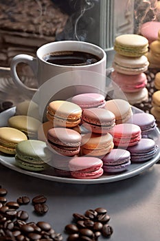 Colorful macarons desert soft pastel color and cup of coffee