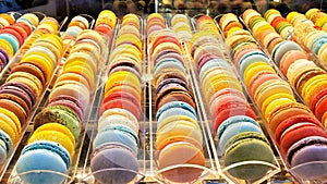 Colorful macarons in a display window