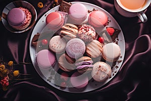 colorful macarons on a plate with a cup of tea