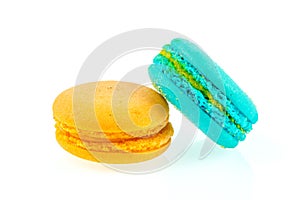 Colorful macarons on white background. Macaron or Macaroon is sweet meringue-based confection