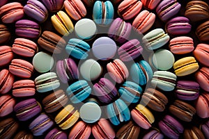 Colorful macaroons cookies arranged in spiral pattern. Generative AI