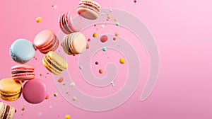 Colorful macaroons falling on a pink background