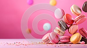 Colorful macaroons falling on a pink background