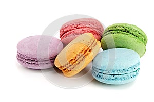 Colorful macaroons isolated on white background closeup