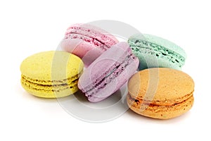 Colorful macaroons isolated on white background closeup