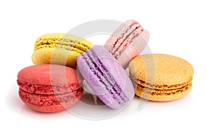 Colorful macaroons isolated on white background closeup