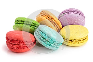 Colorful macaroons isolated on white background closeup