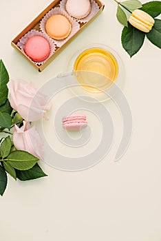 Colorful macaroons and rose flowers with tea on light green. Sweet macarons in gift box. Top view