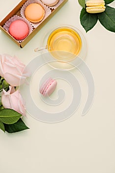 Colorful macaroons and rose flowers with tea on light green. Sweet macarons in gift box. Top view