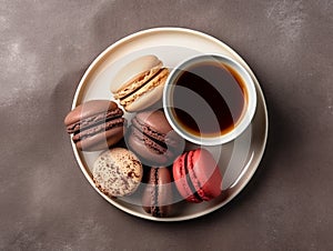 Colorful macaroons. Sweet macarons and cup of coffee flat lay.