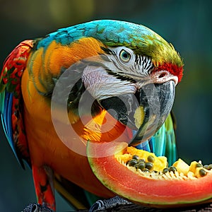 Colorful macaw parrot eating papaya, close-up