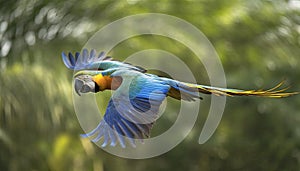 Colorful macaw parrot flying in Amazon rainforest