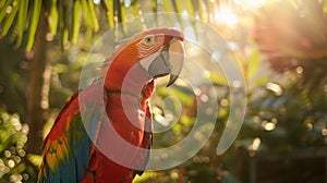 Colorful macaw parrot sitting on tree branch in the park, Closeup, Copy space