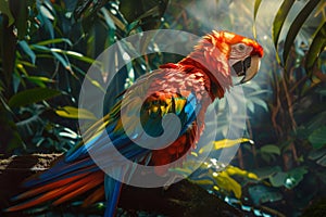 Elegant macaw perched among vibrant tropical rainforest foliage with stunning colors photo