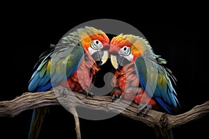 colorful macaws preening each other on a tree branch