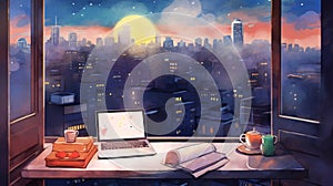 Colorful MacBook and iPad on a desk with a city skyline view, realistic illustration