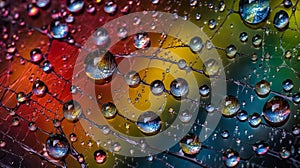 Colorful macro abstract of raindrops on spider web