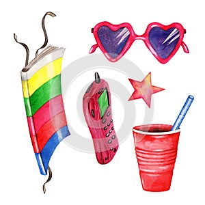 Colorful magazine, pink mobile phone, red plastic cup with blue straw, heart shaped sunglasses and star set. Watercolor