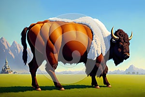 Colorful magic Bison, cartoon style painting. Generative ai art illustration