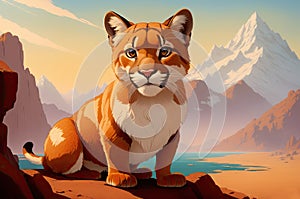 Colorful magic Mountain Lion, cartoon style painting. Generative ai art illustration photo