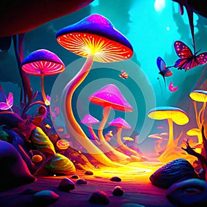 Colorful magic mushrooms in the aquarium. 3d rendering. Computer digital drawing. AI Generated