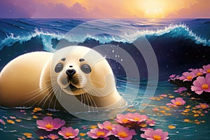 Colorful magic Seal (Sea Lion), cartoon style painting. Generative ai art illustration