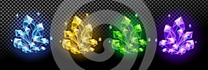 Colorful magic shiny crystals resources set isolated on a transparent background, game design, vector illustration.