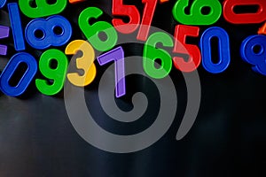 Colorful magnetic numbers and letters on the fridge