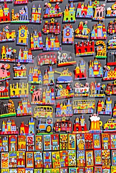 Colorful magnets in a souvenir shop in Prague