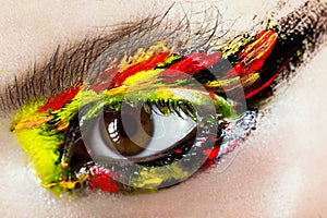 Colorful make-up on close-up eye. Art beauty image.