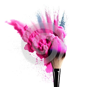 Colorful Makeup Brush with Powder Splash on White Background Generative AI