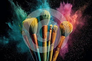 Colorful makeup brushes with powder explosion on black background Ai photo