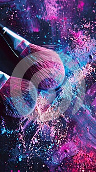 Colorful makeup brushes with vibrant cosmetic powder explosion photo