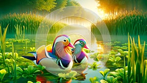 Colorful Male Mandarin Ducks Marsh Waterfowl Springtime Morning Sunrise AI Generated