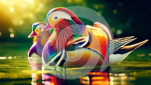 Colorful Male Mandarin Ducks Marsh Waterfowl Springtime Morning Sunrise AI Generated