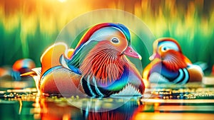 Colorful Male Mandarin Ducks Marsh Waterfowl Springtime Morning Sunrise AI Generated