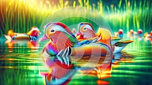 Colorful Male Mandarin Ducks Marsh Waterfowl Springtime Morning Sunrise AI Generated