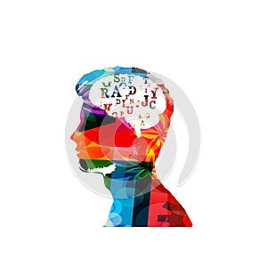 Colorful man`s head with alphabet letters isolated vector illustration