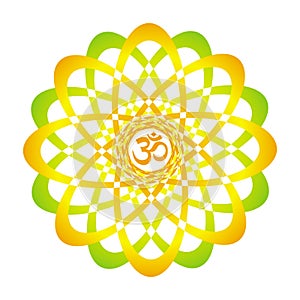 Colorful mandala with Aum / Om / Ohm sign. Red, orange, yellow, green colors.