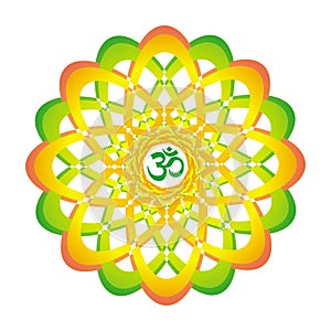 Colorful mandala with Aum / Om / Ohm sign. Red, orange, yellow, green colors.